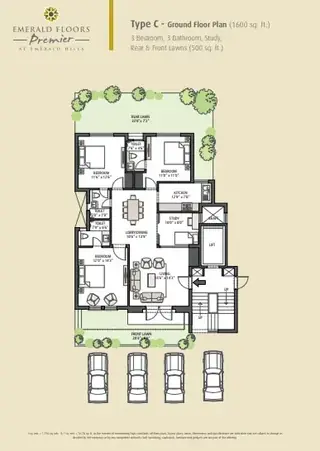 Emaar MGF Emerald Floors Premier 3 BHK builder floor floor plan, 1,600 sq ft