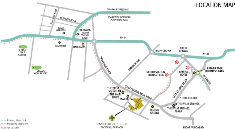 Emaar MGF Emerald Floors location map with the main roads and landmarks around Sector 65 Gurgaon