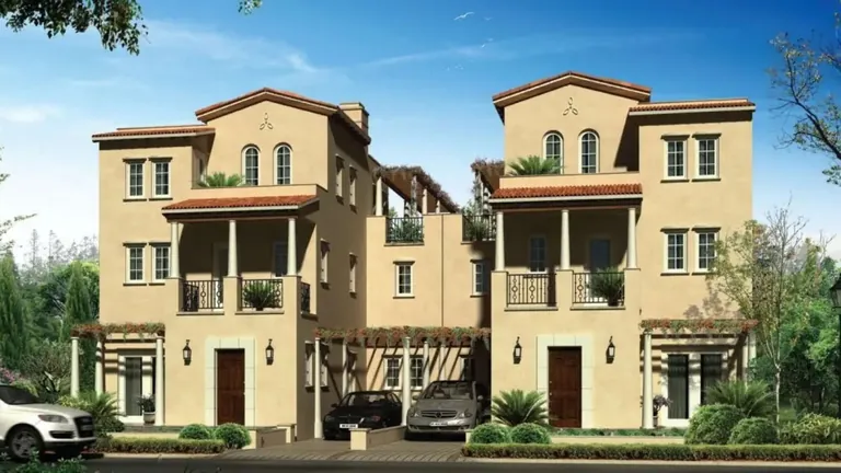 Emaar MGF Marbella Villas twin villas with balconies and pergolas facing the street, artist's impression