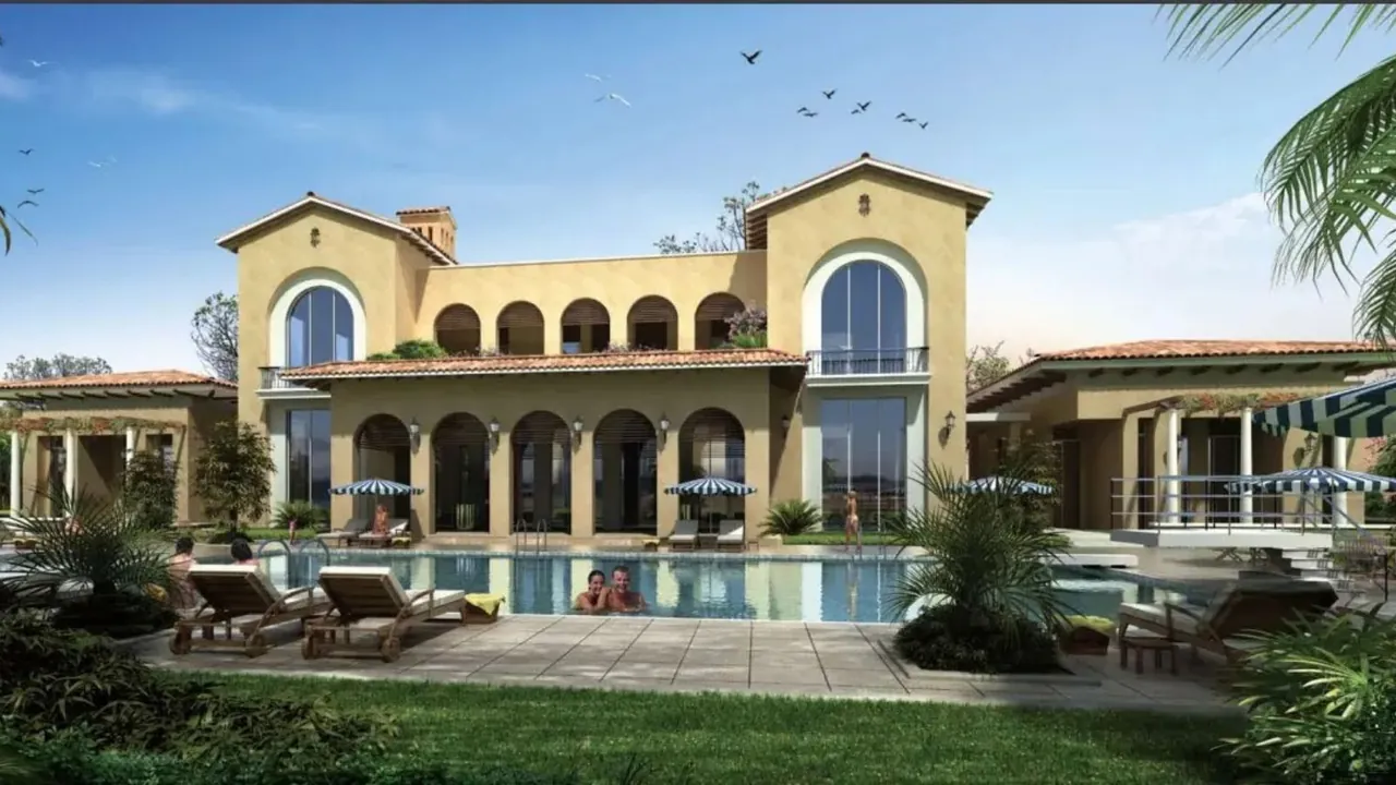 Emaar MGF Marbella Villas villa rear garden with swimming pool and arched loggia, artist's impression