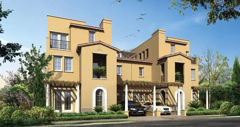 Emaar MGF Marbella Villas three-storey villa with pergola-covered porch and terraces, artist's impression