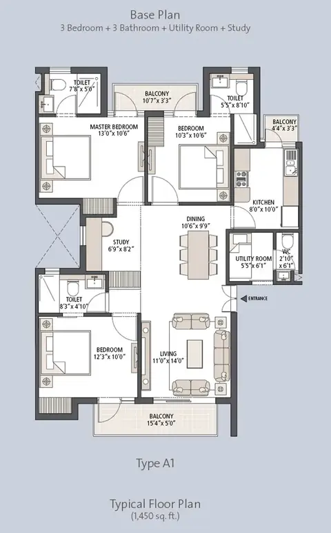 Emaar MGF Palm Hills 3 BHK floor plan, 1,450 sq ft
