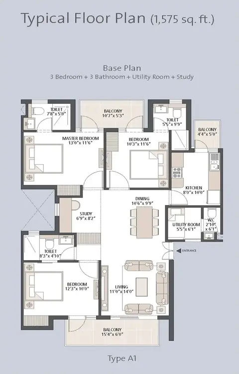 Emaar MGF Palm Hills 3 BHK floor plan, 1,575 sq ft