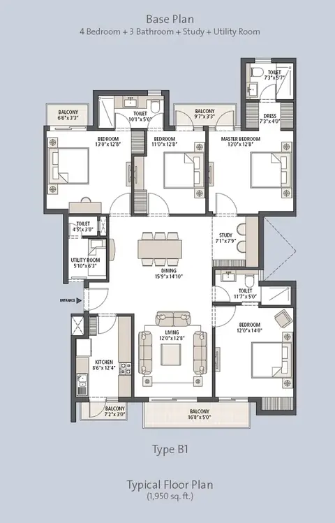 Emaar MGF Palm Hills 4 BHK floor plan, 1,950 sq ft