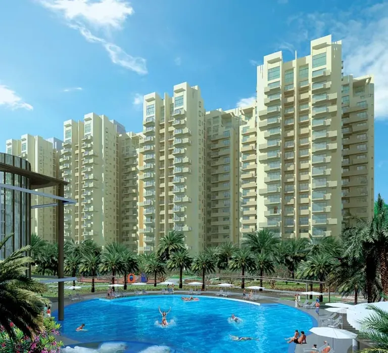 Emaar MGF The Palm Drive Premier Terraces towers around a palm-lined swimming pool, artist's impression