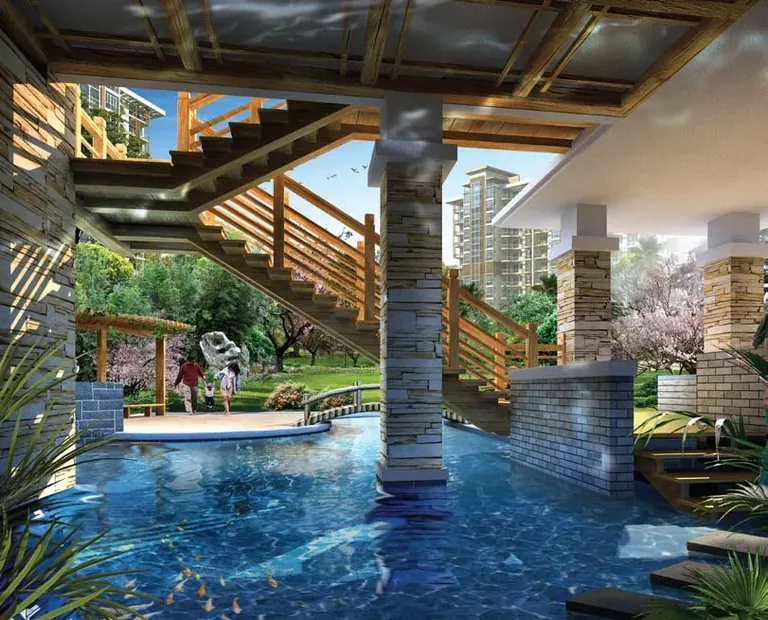Emaar MGF The Palm Drive Palm Terraces Select pool beneath a timber-roofed deck, artist's impression