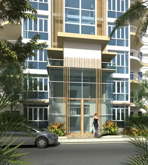 Emaar MGF The Palm Drive Palm Terraces Select tower entrance with glass lobby, artist's impression