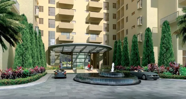 Emaar MGF The Palm Drive Premier Terraces entrance court with fountain and canopy, artist's impression