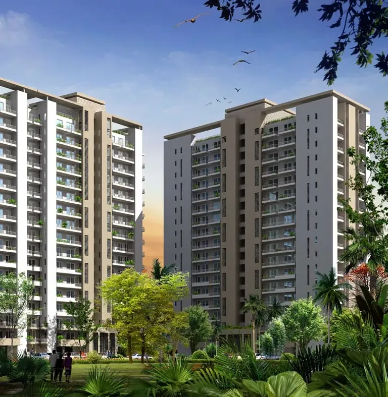 Emaar MGF The Palm Drive The Enclave apartment towers above landscaped gardens, artist's impression