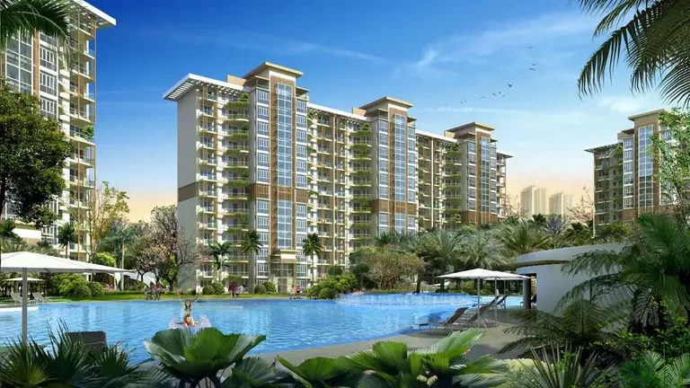 Emaar MGF The Palm Drive Palm Terraces Select towers beyond the swimming pool, artist's impression