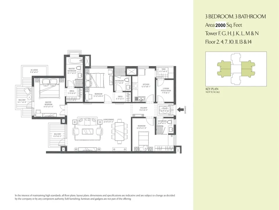 Emaar MGF The Palm Drive 3 BHK apartment floor plan, 1,950 sq ft super area