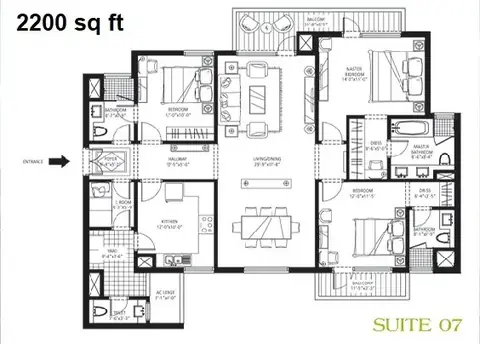 Emaar MGF The Palm Drive 3 BHK apartment floor plan, 2,200 sq ft super area