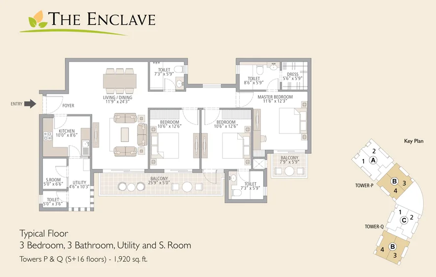 Emaar MGF The Palm Drive The Enclave 3 BHK floor plan, 1,920 sq ft
