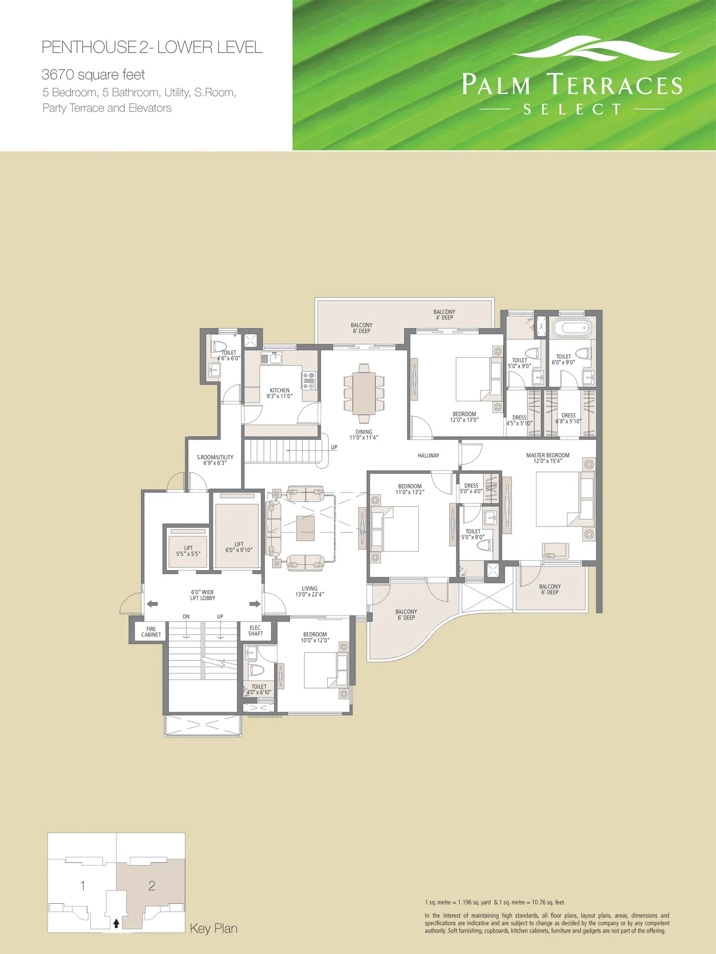 Emaar MGF The Palm Drive Palm Terraces Select 5 BHK penthouse floor plan, 3,670 sq ft