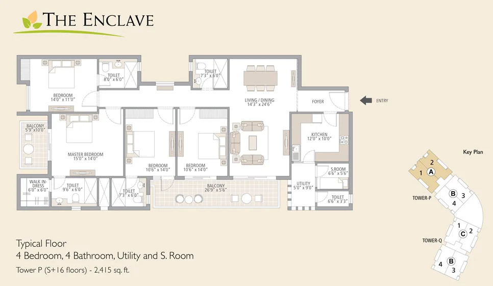 Emaar MGF The Palm Drive The Enclave 4 BHK floor plan, 2,415 sq ft