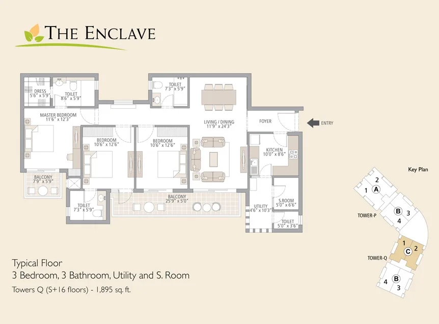 Emaar MGF The Palm Drive The Enclave 3 BHK floor plan, 1,895 sq ft