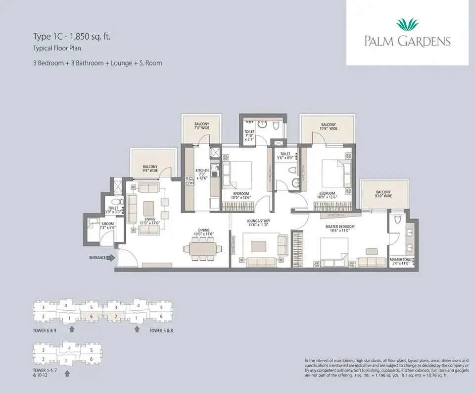 Emaar Palm Gardens 3 BHK floor plan, 1,850 sq ft