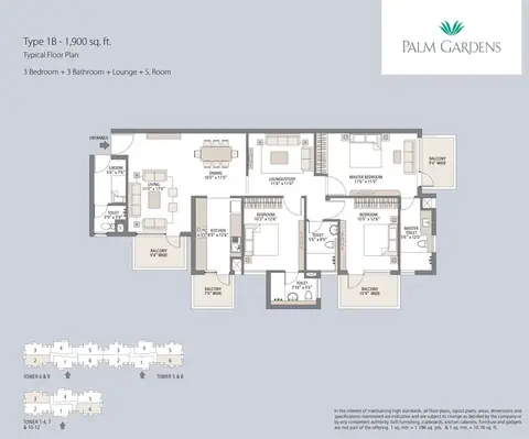 Emaar Palm Gardens 3 BHK floor plan, 1,900 sq ft
