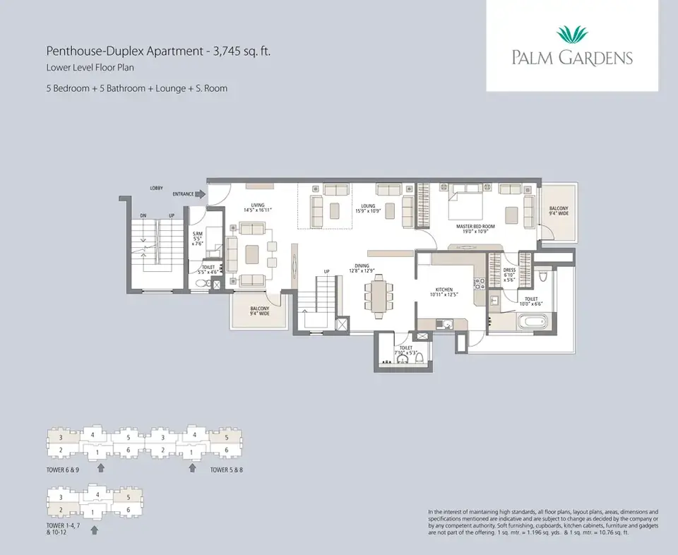 Emaar Palm Gardens 5 BHK penthouse floor plan (Penthouse Set 1), 3,745 sq ft