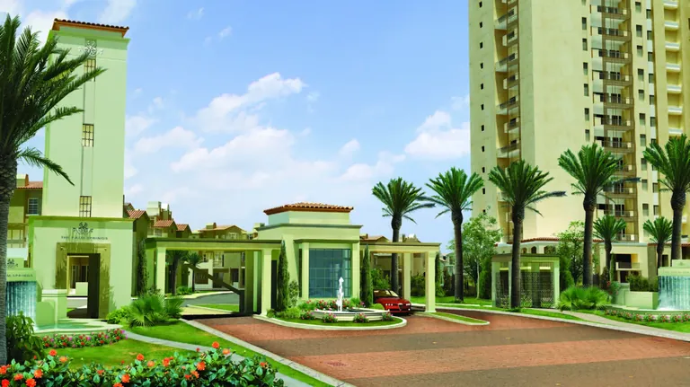 Emaar The Palm Springs entrance gate with fountain and apartment towers, artist's impression