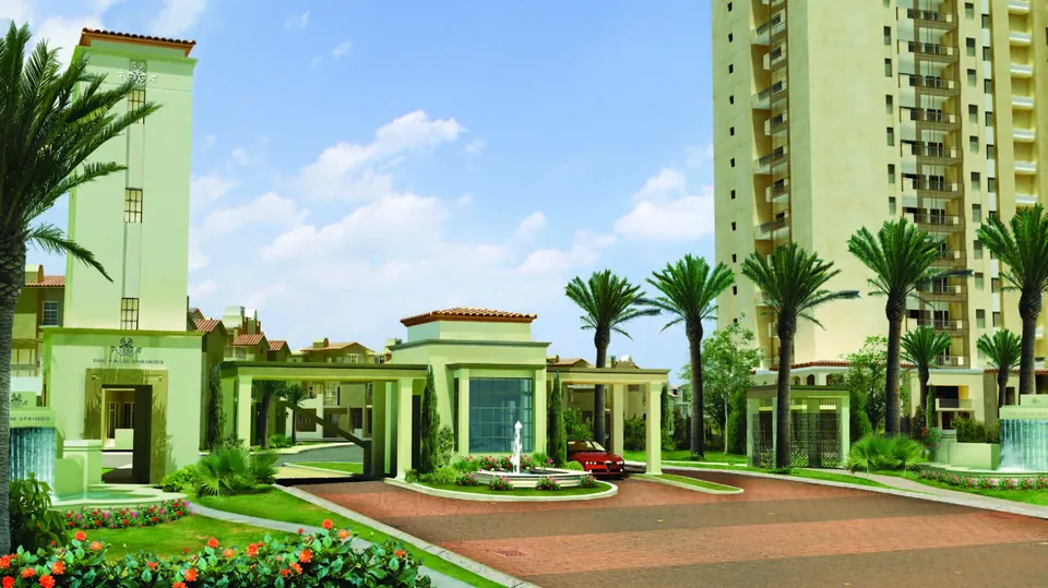 Emaar The Palm Springs entrance gate with fountain and apartment towers, artist's impression