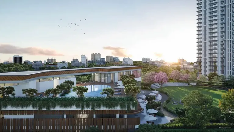 Emaar Urban Ascent clubhouse with lily pond and towers beyond, artist's impression