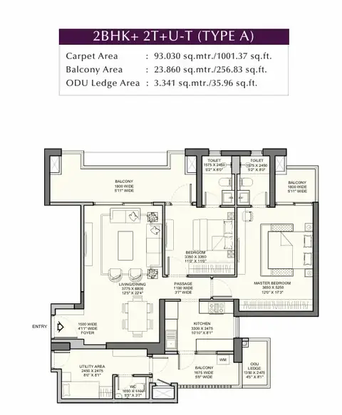 Emaar Urban Ascent 2 BHK floor plan, 1,800 sq ft super area