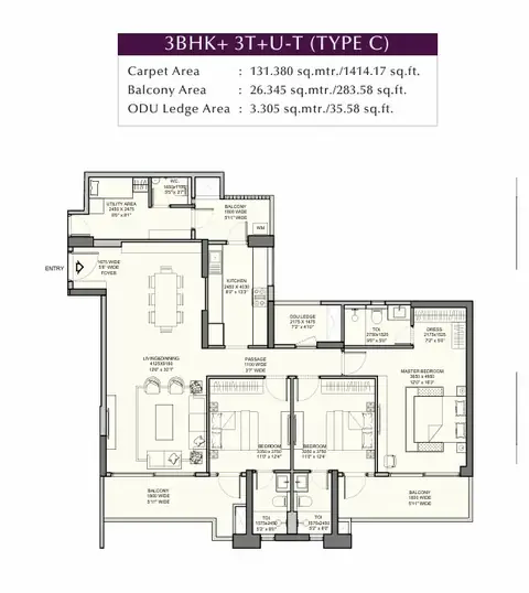 Emaar Urban Ascent 3 BHK floor plan, 2,165 sq ft super area