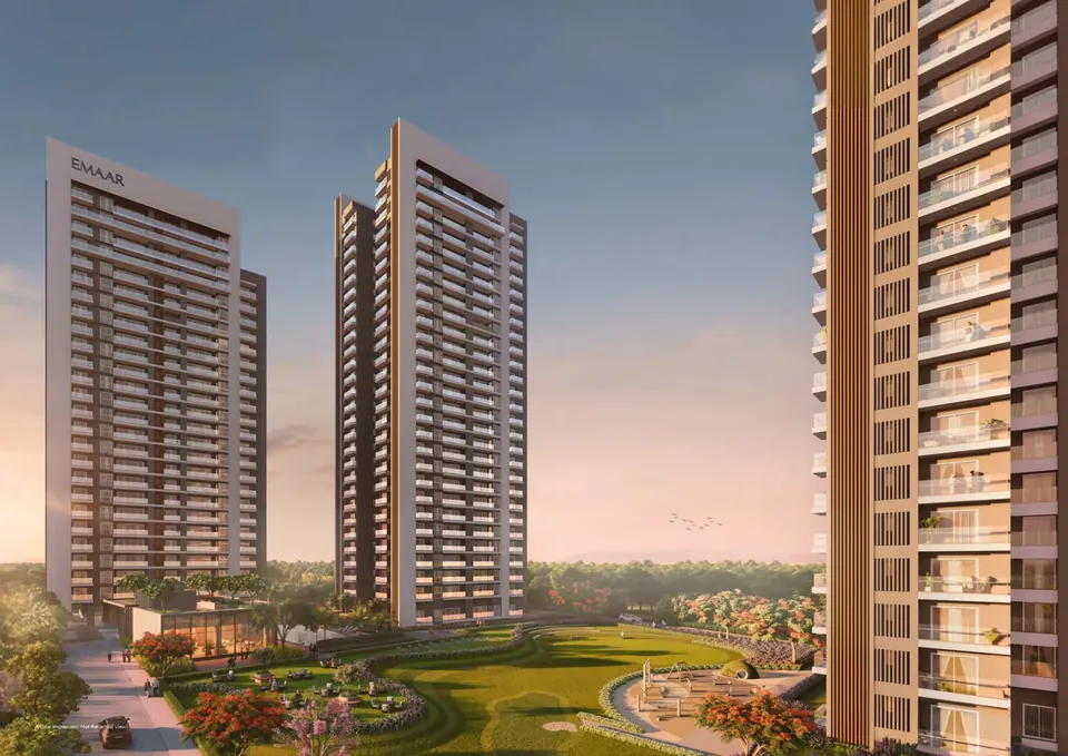 Emaar Urban Oasis towers above the central garden at dusk, artist's impression