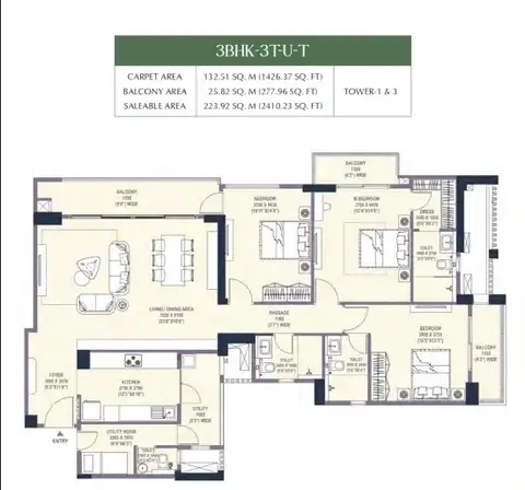 Emaar Urban Oasis 3 BHK floor plan, 2,410 sq ft