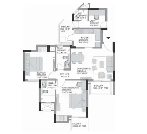 Experion The Heartsong 2 BHK + servant floor plan, 1,283 sq ft super area