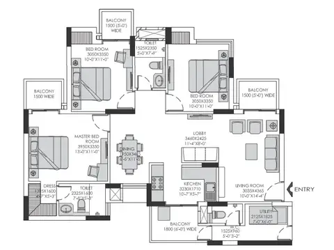 Experion The Heartsong 3 BHK + servant floor plan, 1,758 sq ft super area