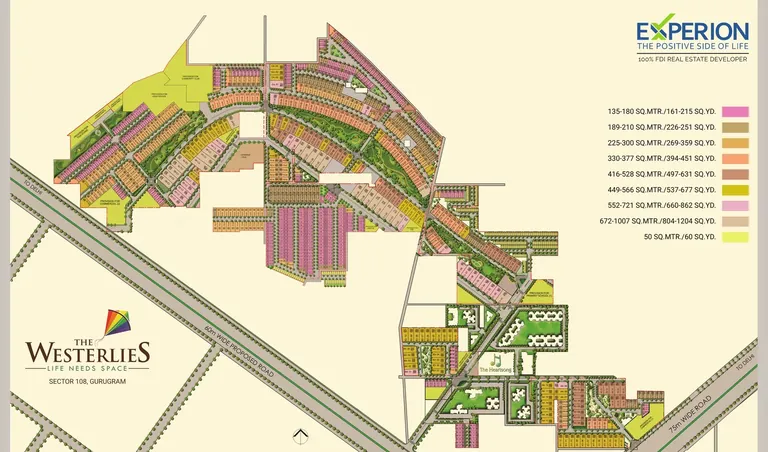 Experion The Westerlies site plan with plot sizes from 161 to 1,204 sq yd colour-coded