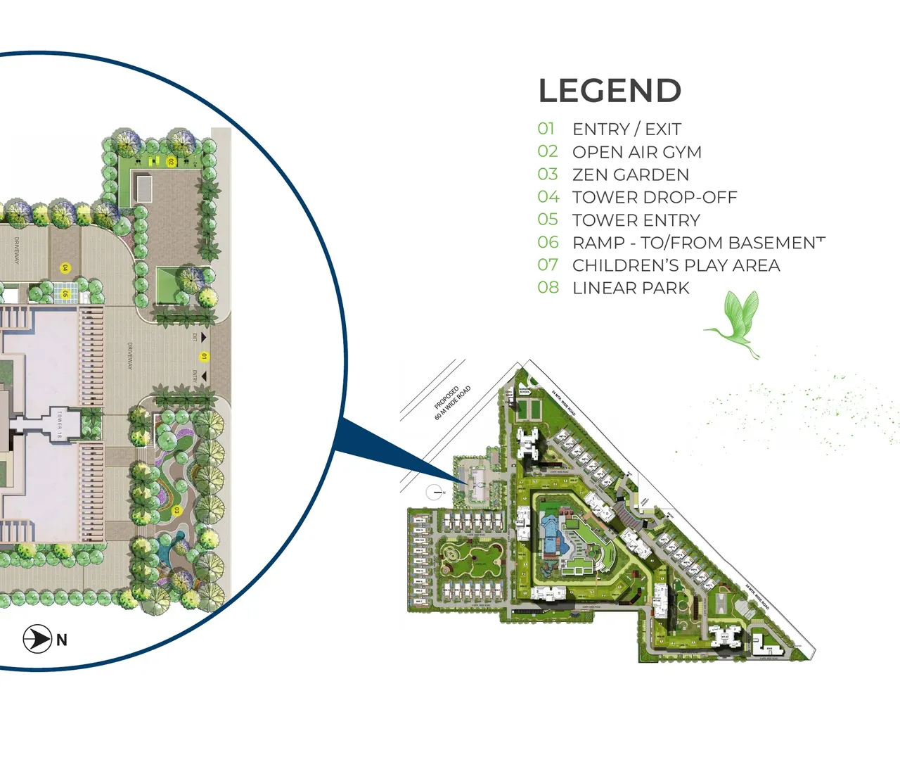 Experion Windchants Nova site plan: tower drop-off, zen garden, open-air gym, linear park, play area
