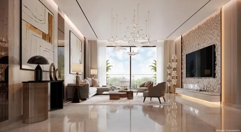 Experion Windchants Nova 4 BHK living room with marble floor and chandelier, artist's impression