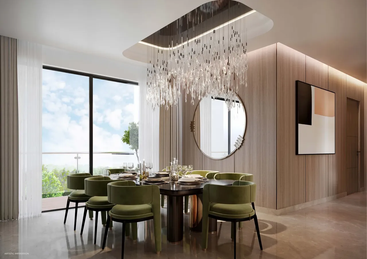 Experion Windchants Nova 4 BHK dining room with chandelier, artist's impression