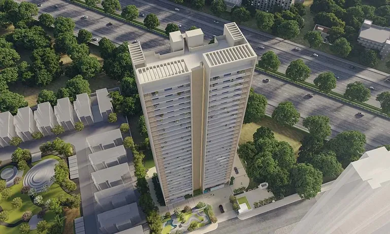 Experion Windchants Nova tower rising above the Windchants greens, aerial view, artist's impression
