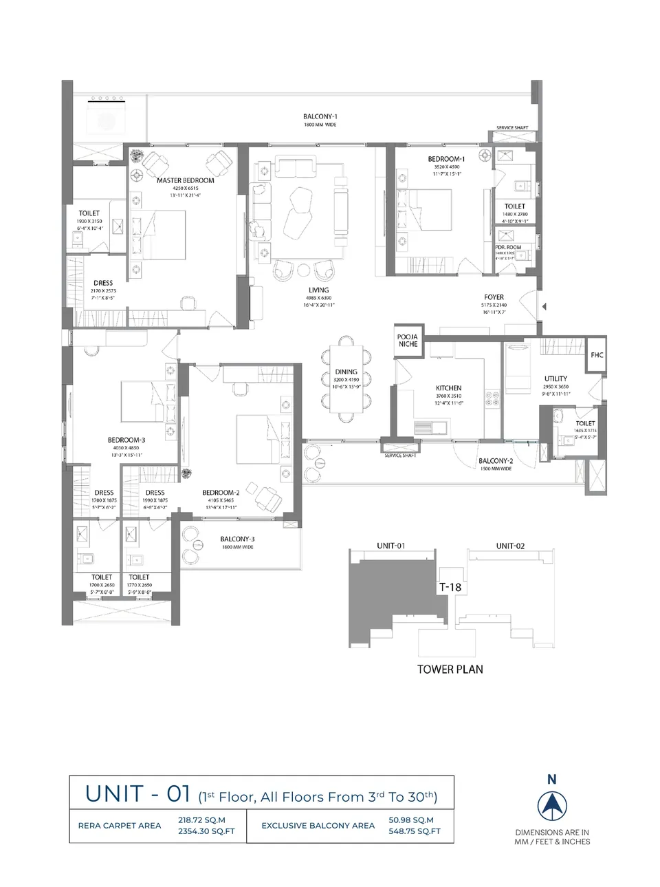 Experion Windchants Nova 4 BHK unit 01 floor plan, 4,250 sq ft super area (2,354 sq ft RERA carpet)