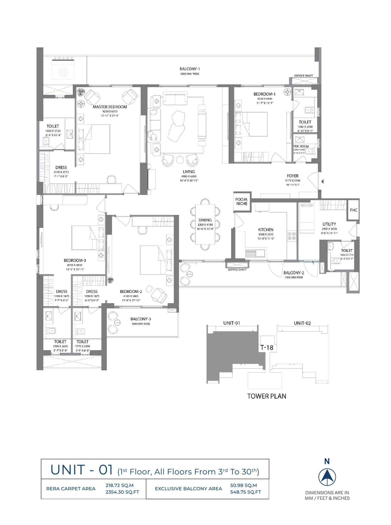 Experion Windchants Nova 4 BHK unit 01 floor plan, 4,250 sq ft super area (2,354 sq ft RERA carpet)