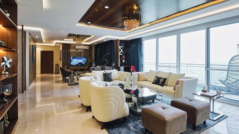 Experion Windchants 4 BHK apartment living room with marble floor, actual photo