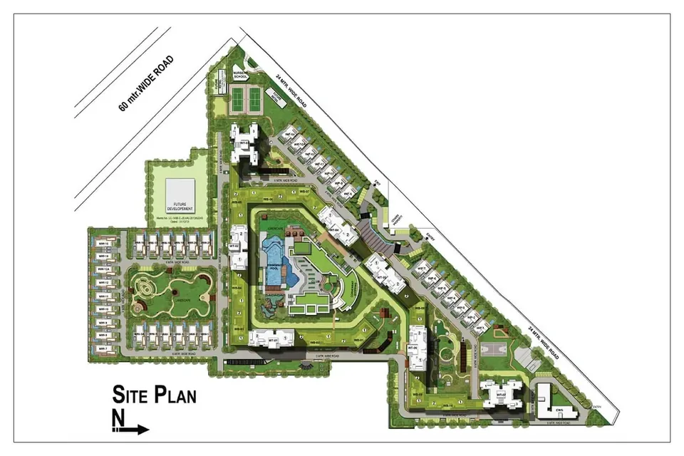 Experion Windchants site plan with seven towers, villaments, club and skywalk