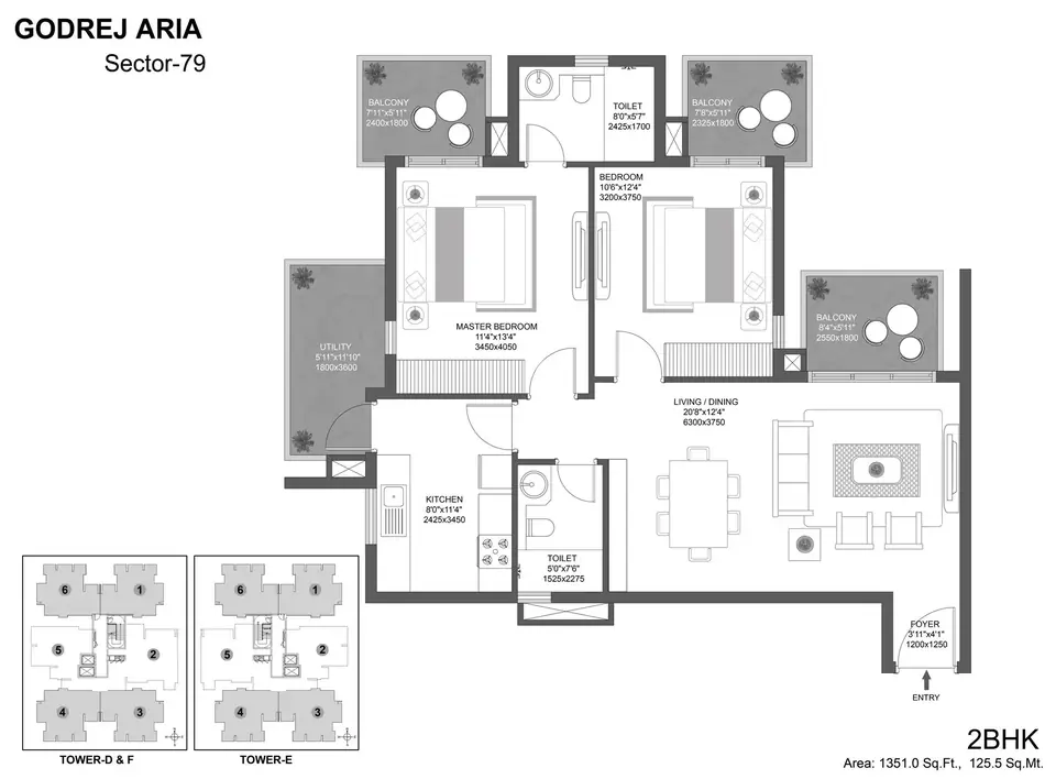 Godrej Aria 2 BHK floor plan, 1,351 sq ft