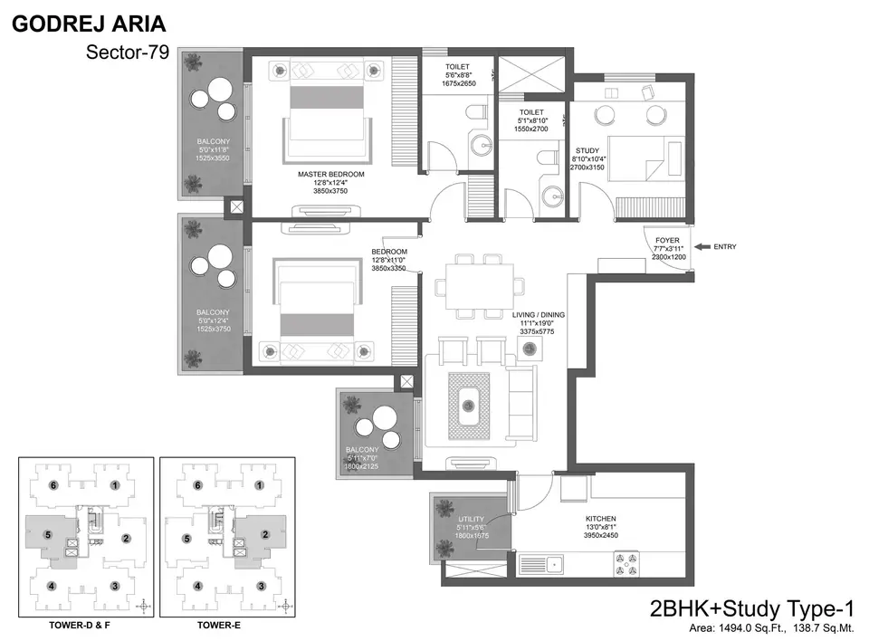 Godrej Aria 2 BHK floor plan, 1,494 sq ft