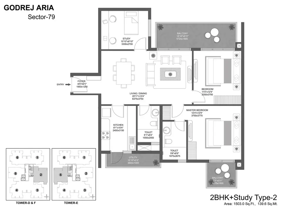 Godrej Aria 2 BHK floor plan, 1,503 sq ft