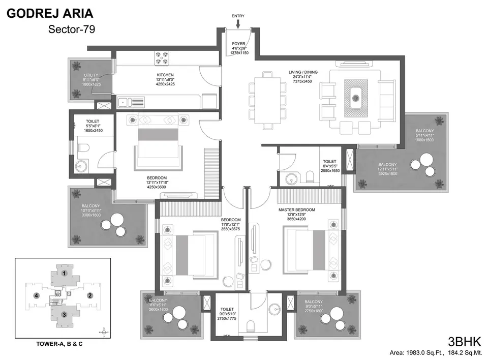 Godrej Aria 3 BHK floor plan, 1,983 sq ft
