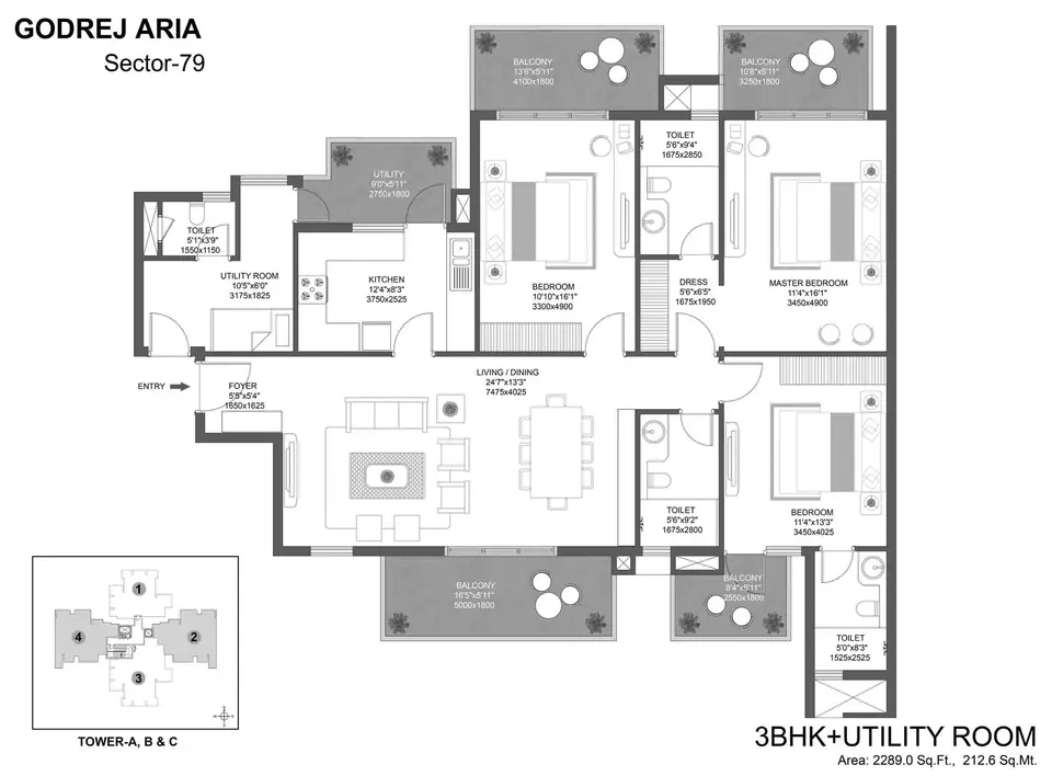 Godrej Aria 3 BHK floor plan, 2,289 sq ft