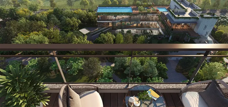 Godrej Aristocrat balcony with lounge seating looking over the forest-themed grounds, artist's impression