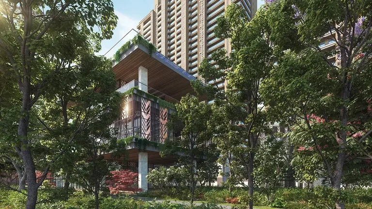 Godrej Aristocrat cantilevered clubhouse pavilion in the curated forest, artist's impression