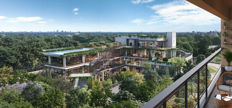 Godrej Aristocrat clubhouse and pool deck seen from a tower balcony, artist's impression