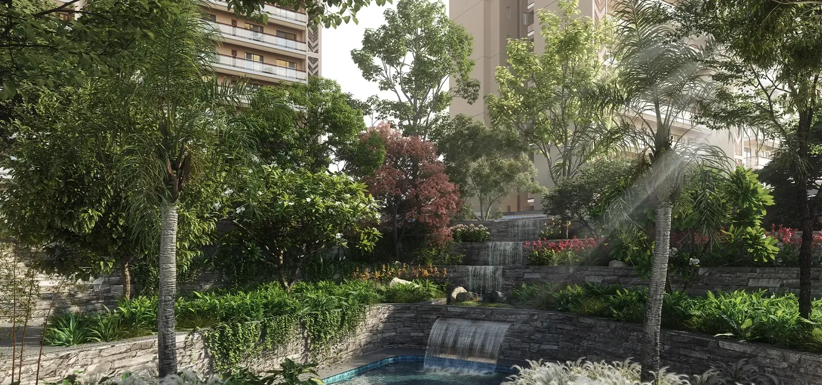 Godrej Aristocrat forest-themed landscaping with a stone water cascade, artist's impression